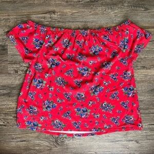 Joe Boxer Off the Shoulder Red w/ Purple Flowers Bohemian Short Sleeve Top Large